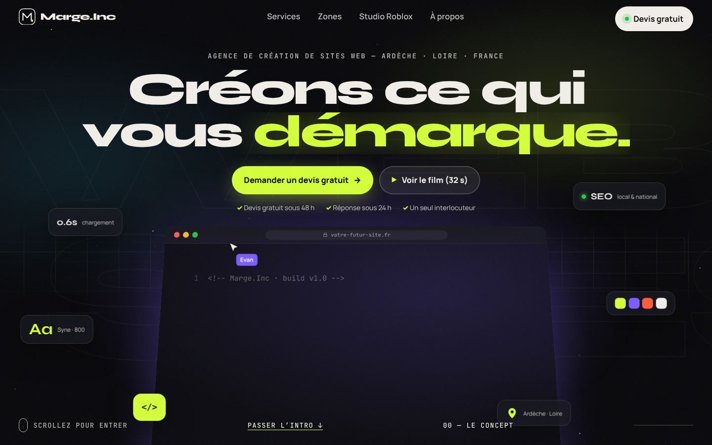 Page d’accueil de margeinc.com : navigateur flottant dans un champ d’étoiles