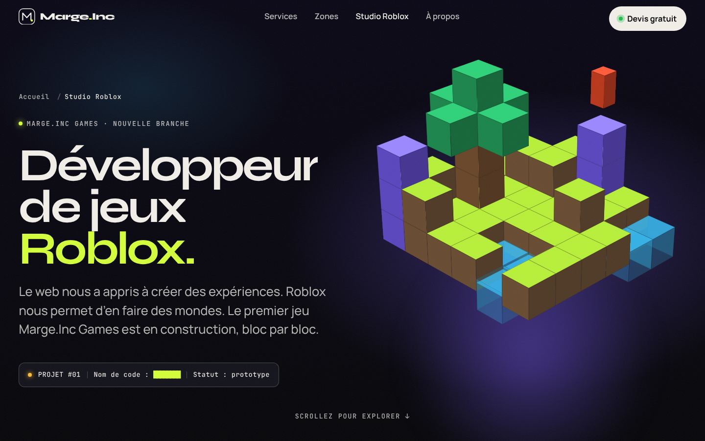 Page Studio Roblox avec une île en voxels 3D